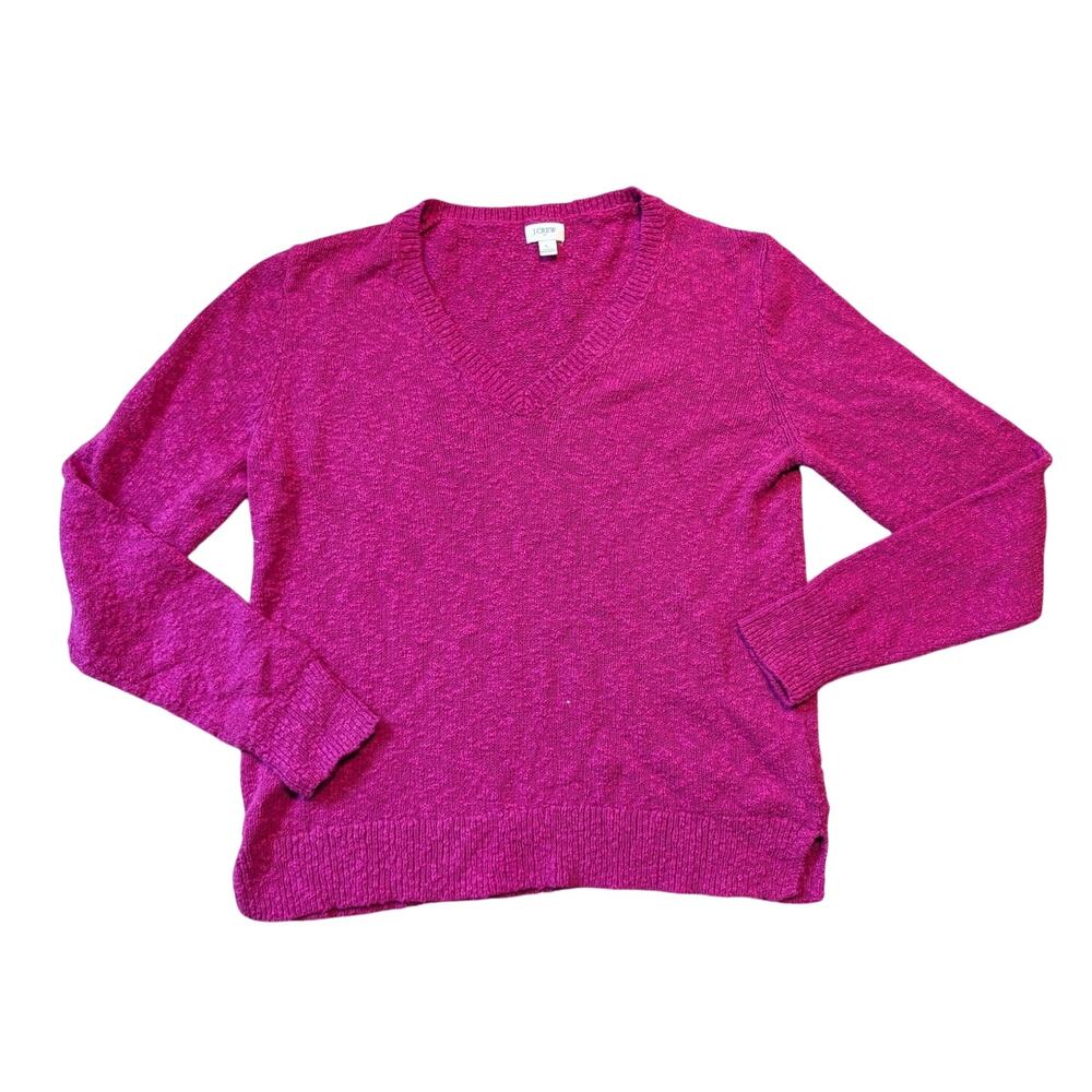 J.Crew Women’s V-Neck Sweater Size Large Magenta Pink Textured Cotton Blend